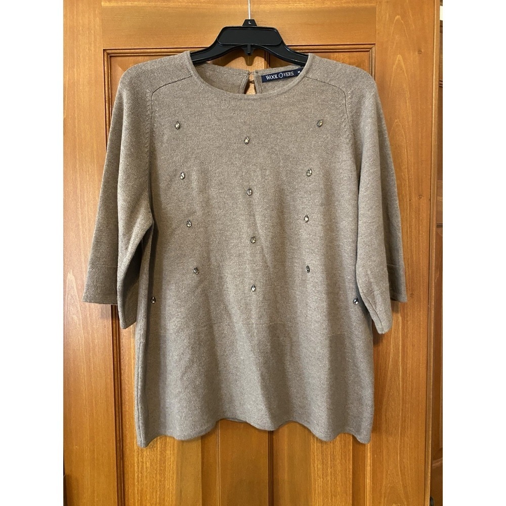 Woolovers Women's Medium Wool Cashmere Top Blouse Brown Rhinestone Knit Sweater